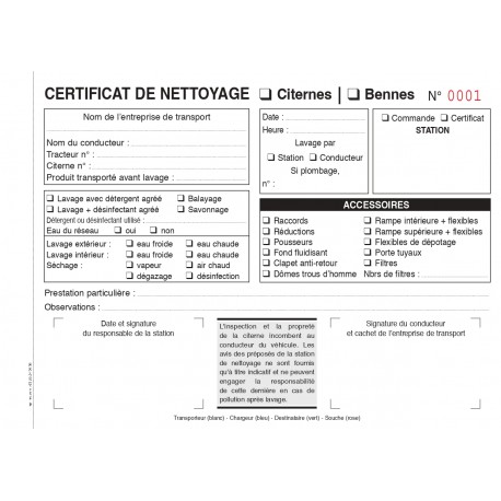 Carnet certificat de nettoyage Citernes et Bennes