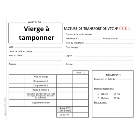 Carnets factures VTC Vierge à personnaliser avec votre tampon