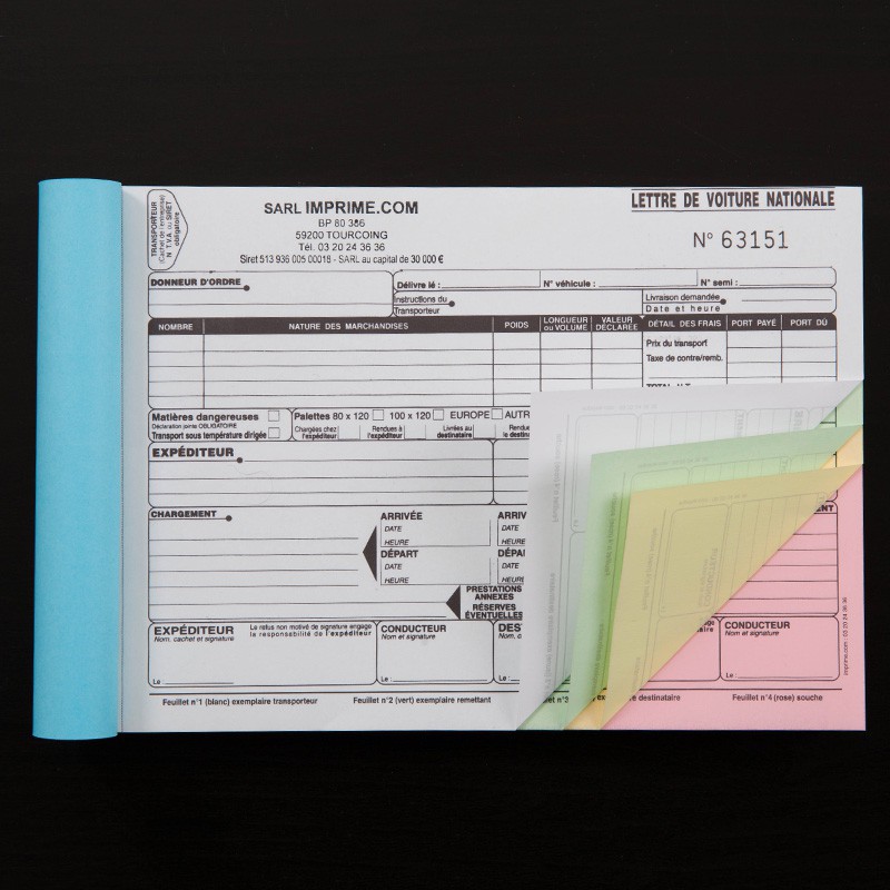 Exemple de carnet CMR international pour le transport de marchandises